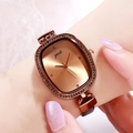 Montre ovale élégante avec boîtier en or rose, lunette en cristal café et bracelet cuir - Marron
