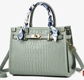 Pale bean green faux crocodile leather tote bag with silk scarf handle and gold lock - Green (With Blue Silk Scarf)