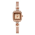 Detail of rose gold square watch dial with beaded bezel and multi-strand woven metal band - Rose Gold Case Rose Dial