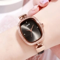 Montre tonneau Gedi rose doré avec bracelet en cuir noir et lunette sertie de strass - Bracelet Noir Boîtier Or Rose Cadran Noir