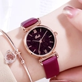 Elegant rose gold star sky watch with purple leather strap and heart charm bracelet set - Violet