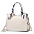 Elegant off-white crocodile embossed handbag with adjustable strap and silk scarf detail - White (with Scarf)