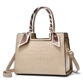 Elegant beige crocodile pattern handbag for women with decorative silk scarf handle - Khaki (With Silk Scarf)