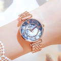 Women's rose gold steel watch with a deep blue gradient dial and crystal bezel - Rose Gold Case Blue Dial