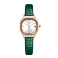 Elegant ladies quartz watch with dark green leather strap and rose gold pillow case - White Dial Green Strap