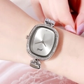 Silver rectangle women watch with sparkling rhinestone bezel and leather strap - White Strap Silver Case White Dial