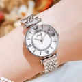 Silver quartz watch for women with rhinestone bezel and roman numerals on a metal strap - Silver Case White Dial