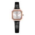 Elegante reloj de cuarzo octogonal en oro rosa con esfera plateada y correa de cuero - Caja de Oro Rosa Esfera Blanca Correa Negra