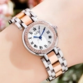 Dameshorloge met zilveren en roségouden stalen band en luxe strass-bezel - Roségouden Diamanten Kast - Romeinse Eenvoudige Wijzerplaat