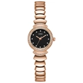 Women's rose gold quartz watch with wave-link strap and black rhinestone dial - Black Dial