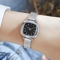 Minimalist silver mesh strap quartz watch with a sleek black square dial for women - Silver Case Black Dial Silver Mesh Strap
