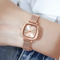 Minimalist square rose gold women quartz watch with adjustable metal mesh band on wrist - Rose Gold Case Rose Gold Dial Rose Gold Mesh Strap