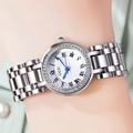 Montre GEDI luxe pour femme en acier argenté avec aiguilles bleues et lunette en strass - Boîtier Diamant Blanc Argent - Cadran Romain Simple