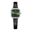Reloj vintage con esfera verde, caja plateada y correa de cuero negro grabado - Caja de Plata Esfera Verde Correa Negra