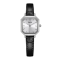 Reloj retro octogonal de plata con correa de cuero negro grabado en cocodrilo para mujer - Caja Plateada Esfera Plateada Correa Negra