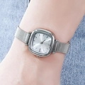 Silver square ladies watch with stainless steel mesh band worn on a wrist over denim - Silver Case White Dial Silver Mesh Strap