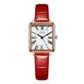 Nahaufnahme einer Vintage-Quadratuhr mit römischen Ziffern und rotem Lederarmband - Rotes Armband Roségold Gehäuse Weißes Zifferblatt