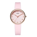 Dettaglio orologio al quarzo rosa con cassa in oro rosa e chiari numeri sul quadrante - Cinturino Rosa Cassa Oro Rosa Quadrante Rosa