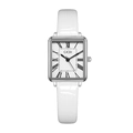Detail of square silver watch case with Roman numerals and white embossed leather strap - White Strap Silver Case White Dial