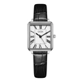 Detail of square silver watch case with Roman numeral dial and black leather band - Black Strap Silver Case White Dial