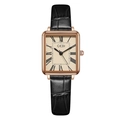 Detailed close-up of rose gold square watch face with Roman numerals and black leather strap - Black Strap Rose Gold Case Rose Gold Dial