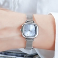 Elegant silver square quartz watch with light blue sunray dial and mesh strap - Silver Case Light Blue Dial Silver Mesh Strap
