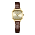 Vintage gold octagonal watch with champagne dial and dark brown leather strap - Gold Case Gold Dial Brown Strap