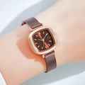 GEDI luxury square women's watch with rose gold case and brown mesh strap on wrist - Rose Gold Case Coffee Dial Coffee Mesh Strap