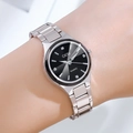 Elegant women's silver quartz watch with a deep black dial and metal link bracelet - Silver Black Dial