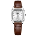 Orologio vintage quadrato da donna con cassa argento e cinturino in pelle marrone - Cassa Argentata Quadrante Bianco Cinturino Marrone