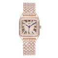 Detail view of square rose gold watch with sparkling crystals and Roman numeral dial - Rose Gold/Rose Dial