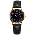 Minimalist gold round ladies watch with black leather strap and date display - IP Coffee Case Black Dial Black Strap