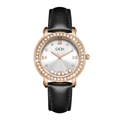Detail of GEDI rose gold watch featuring floating crystals on a white dial with leather strap - Black Strap Rose Gold Case White Dial