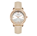 Detail of GEDI quartz watch featuring a crystal bezel and floating rhinestones on dial - Cream Strap Rose Gold Case White Dial