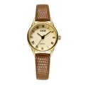 Women's quartz watch with gold case, Roman numerals and brown crocodile leather strap - Light Brown Leather Strap Gold Case Gold Dial