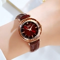 Montre à quartz Gedi pour femme avec cadran bordeaux et bracelet en cuir à verre facetté - Boîtier Or Rose Cadran Rouge
