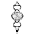 Elegant silver oval quartz watch with swan logo and dual-ring chain link bracelet - Silver Case White Dial White Strap
