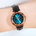 Montre à quartz pour femme avec cadran bleu paon, bracelet noir et boîtier or rose - Boîtier en Or Rose Cadran Vert Paon