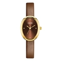 Montre rétro ovale dorée pour femme avec bracelet en cuir marron et cadran soleil - Boîtier Doré Cadran Café Bracelet Café Foncé