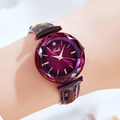 Montre quartz femme avec bracelet cuir violet et cadran en verre à facettes - Violet Éclatant