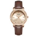 Women's quartz watch with brown leather strap and rose gold floating crystal dial - Dark Brown Strap Rose Gold Case Rose Dial