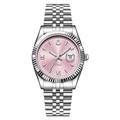 Montre à quartz femme avec lunette cannelée argentée et cadran rose avec dateur - Boîtier Blanc Cadran Rose Clair Bracelet Blanc
