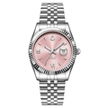 Montre à quartz pour femme avec cadran rose rayonnant et lunette cannelée élégante - Boîtier Blanc Rose Foncé Bracelet Blanc