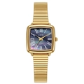 Elegant gold square watch with dark mother-of-pearl dial and metallic stretch band - Gold Case Blue Mother of Pearl Dial Gold Band