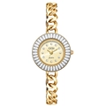 Luxurious gold women's quartz watch with pearl dial and crystal bezel on cuban chain - Gold Case Gold Mother of Pearl Dial Gold Band