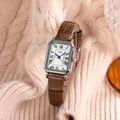 Classic vintage square ladies watch with silver case, blue hands, and brown leather strap - Silver Case White Dial Brown Strap