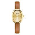 Montre dorée ovale vintage avec bracelet en cuir marron et cadran solaire minimaliste - Boîtier Doré Cadran Doré Bracelet Café Clair