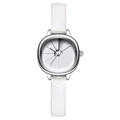 Minimalist women's quartz watch with silver case and white leather strap on white background - White Case White Dial White Strap
