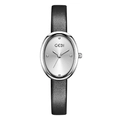 Elegant silver oval quartz watch for women with black leather strap and minimalist dial - Silver Case White Dial Black Strap