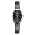 Elegant oval women's watch with black sunray dial and sleek black leather strap - Silver Case Black Dial Black Strap